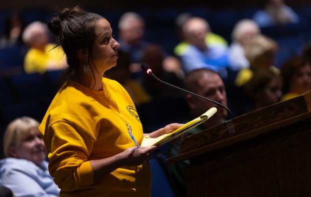 Stop Archbald Data Centers co-founder Tamara Misewicz-Healey cross-examines Essential Energy LLC officials during a conditional use hearing in the Valley View High School auditorium in Archbald to consider the 400-megawatt natural gas power plant on Thursday, May 21, 2026. (FRANK WILKES LESNEFSKY / STAFF PHOTO)