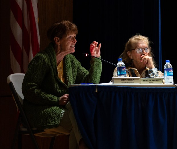 Councilwoman Erin Owen, left, questions traffic impacts during a conditional use hearing in the Valley View High School auditorium in Archbald as council considers Essential Energy LLC's 400-megawatt natural gas power plant on Thursday, May 21, 2026. (FRANK WILKES LESNEFSKY / STAFF PHOTO)