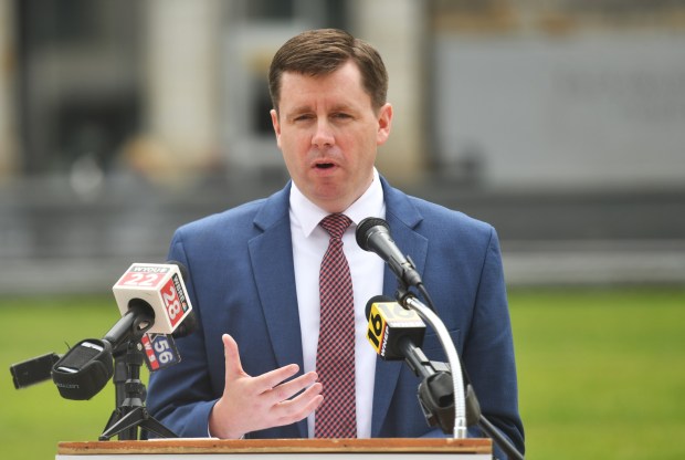 Lackawanna County Commissioner Bill Gaughan speaks during a press conference for the upcoming FIFA Fan Zone at Courthouse Square Thursday, May 28, 2026. (SEAN MCKEAG / STAFF PHOTOGRAPHER)