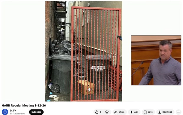 Screen copy of Electric City Television video of Scranton's Historical Architecture Review Board meeting on March 12, 2026, when HARB approved gates for the narrow Howley Court passageway between the 317 Linden and GAR buildings, both owned by Don Mammano, shown in inset photo, who proposed the gates. (ELECTRIC CITY TELEVISION / SCREEN COPY)
