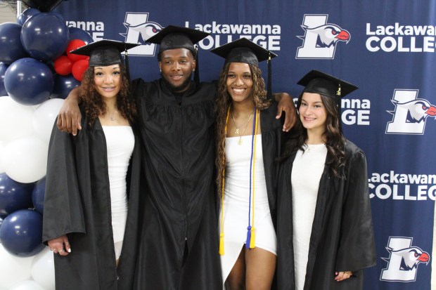 Lackawanna College class of 2026 members, from left, Jana Hofmann, Colorado Springs, Colo.; Christian Harrison, Temple Hills, Md.; Neurdia Osias, Huntington Station, N.Y.; and Zoe Ortueta, Miami. (COURTESY OF LACKAWANNA COLLEGE)