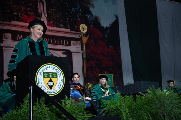 Actress/comedian Caroline Rhea smiles before addressing the class of 2026 during Marywood University's 108th annual commencement ceremony Saturday at Mohegan Arena at Casey Plaza, Wilkes-Barre Twp. In her remarks, she encouraged the graduates: "Use your power for good." (COURTESY OF MARYWOOD UNIVERSITY)