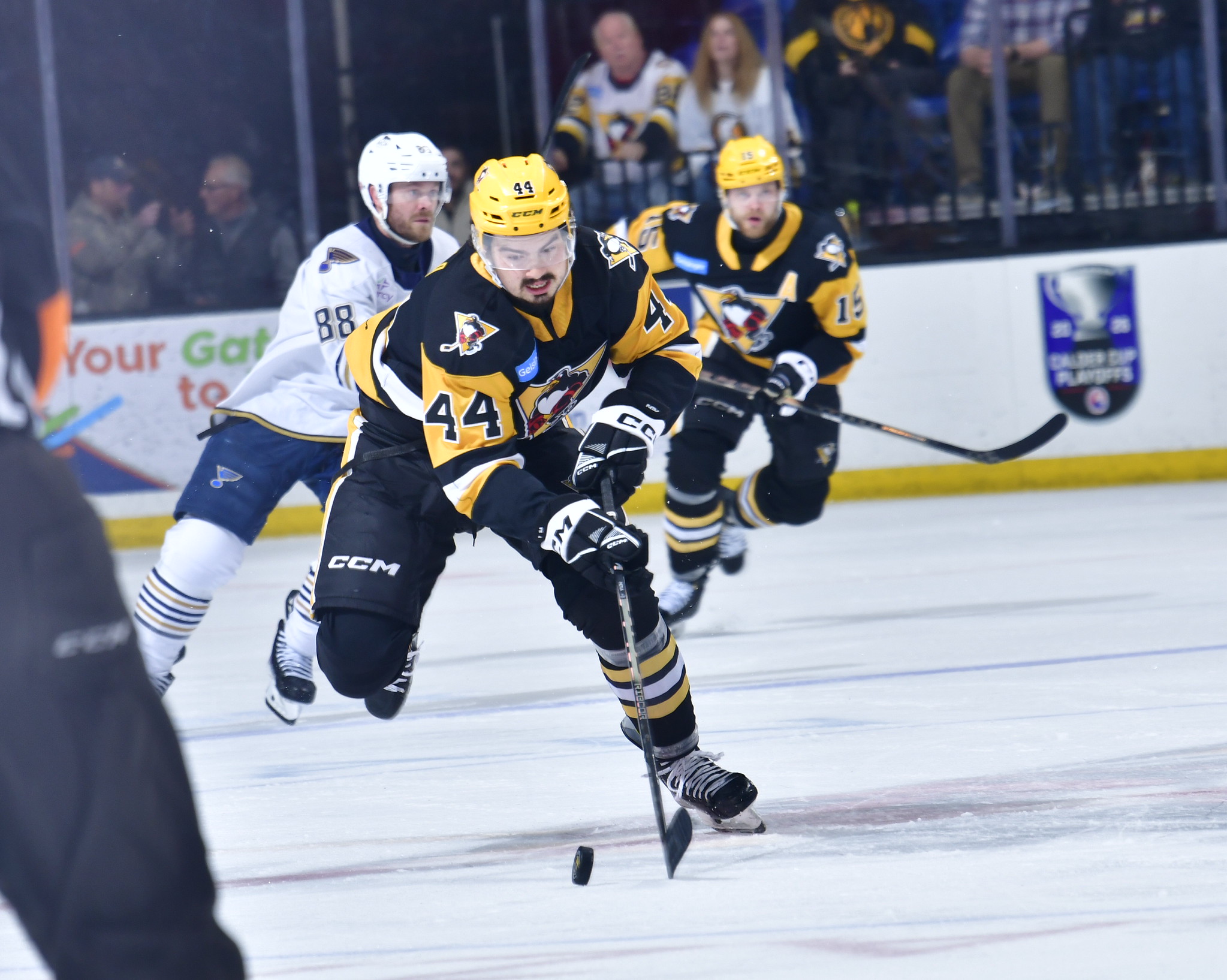 Wilkes-Barre/Scranton’s Chase Pietila controls the puck against Springfield during Game...