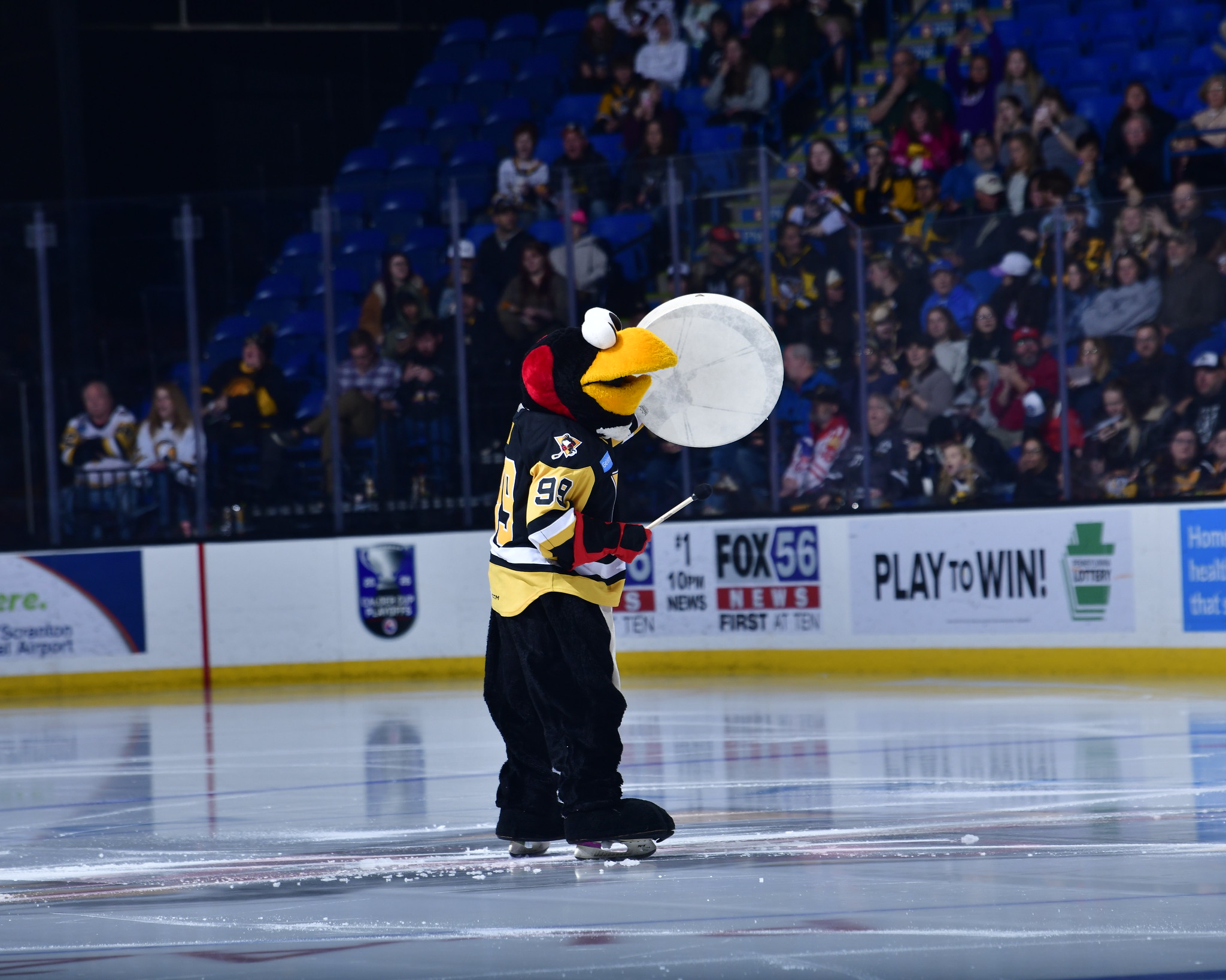 Wilkes-Barre/Scranton Penguins mascot Tux before Game 5 of the AHL...