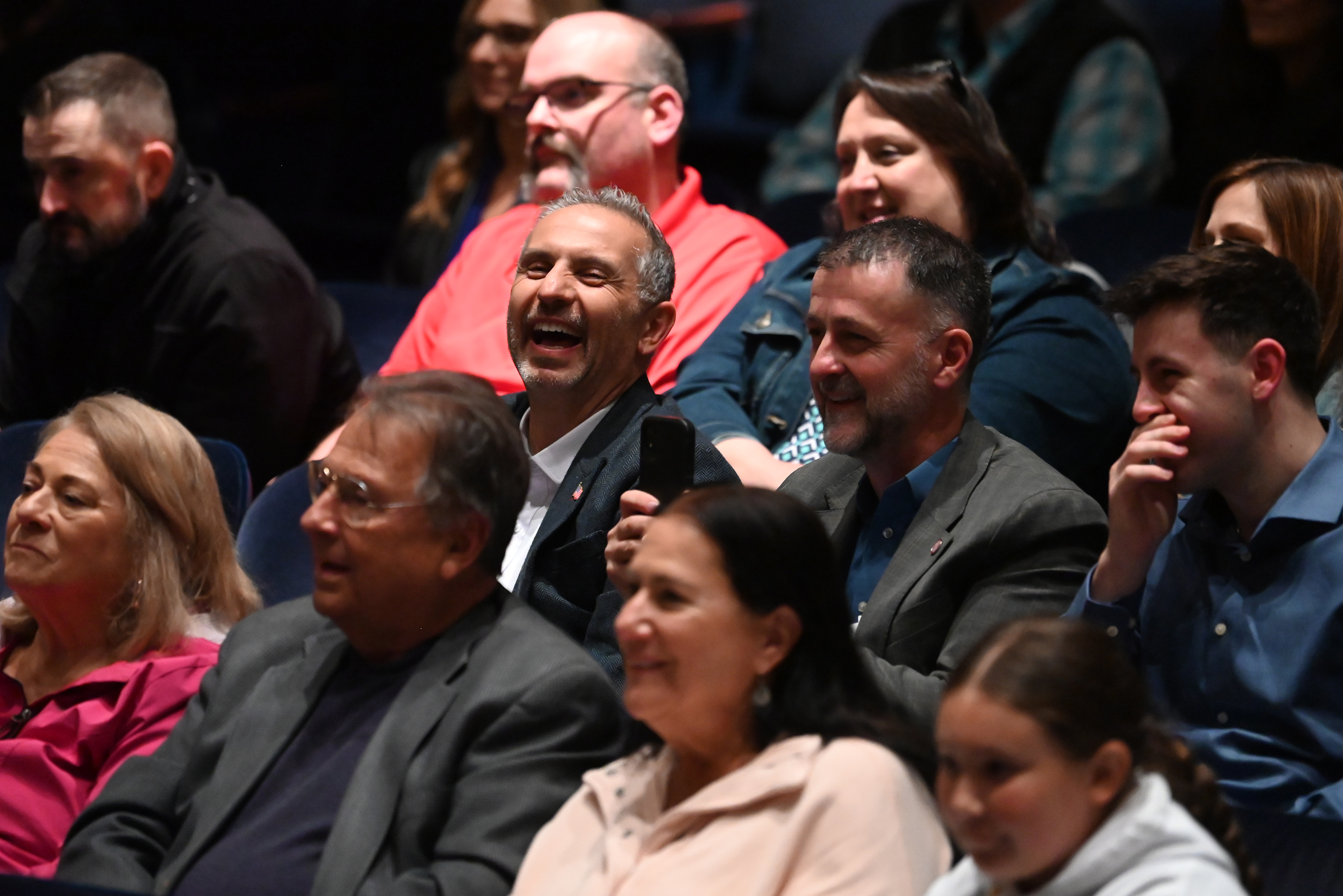 The crowd reacts to students’ answers during the Q and...