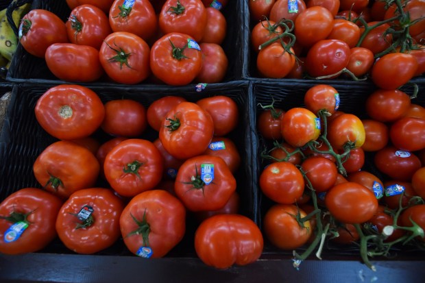 Beefsteak tomatoes and tomatoes on the vine are stocked in the produce section of Gerrity's at Keyser Oak Shopping Center in Scranton Friday, May 23, 2026. (SEAN MCKEAG / STAFF PHOTOGRAPHER)