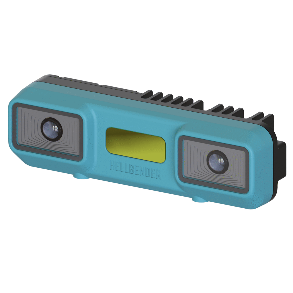 A rectangular, blue and black imaging device labeled "HELLBENDER" with two camera lenses and a yellow central sensor.