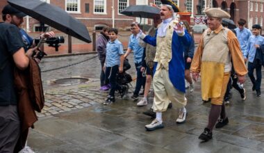 Not quite like the scene where hundreds of kids run behind Sylvester Stallone in Rocky II, field tripping students walk with "Colonists" front of Independence Hall during filming for Barstool Sports.