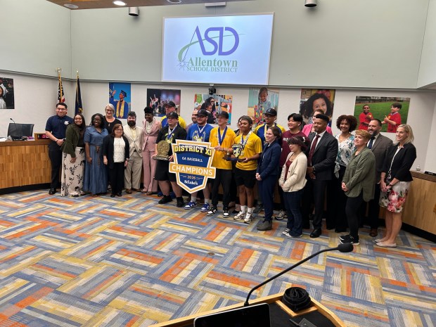 The Allen High School baseball team is celebrated at a school board meeting Thursday, May 28, 2026, for winning its first district title in 31 years. (Elizabeth DeOrnellas/The Morning Call)