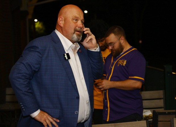 Former Bethlehem firefighter and Democratic congressional candidate Bob Brooks attends his election party on Primary Day, Tuesday, May 19, 2026, at Artisan in Bethlehem. He steps outside to talk to Governor Josh Shapiro. (Monica Cabrera/The Morning Call)