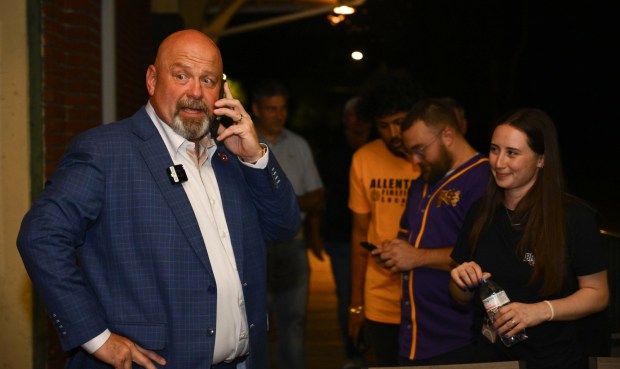 Former Bethlehem firefighter and Democratic congressional candidate Bob Brooks attends his election party on Primary Day, Tuesday, May 19, 2026, at Artisan in Bethlehem. He steps outside to talk to Governor Josh Shapiro. (Monica Cabrera/The Morning Call)