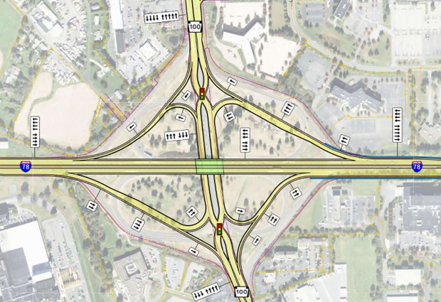 The plans for an overhaul of the Route 100 interchange of Route 100 in Upper Macungie Township, which would become the Lehigh Valley region's first diverging diamond interchange. (PennDOT)