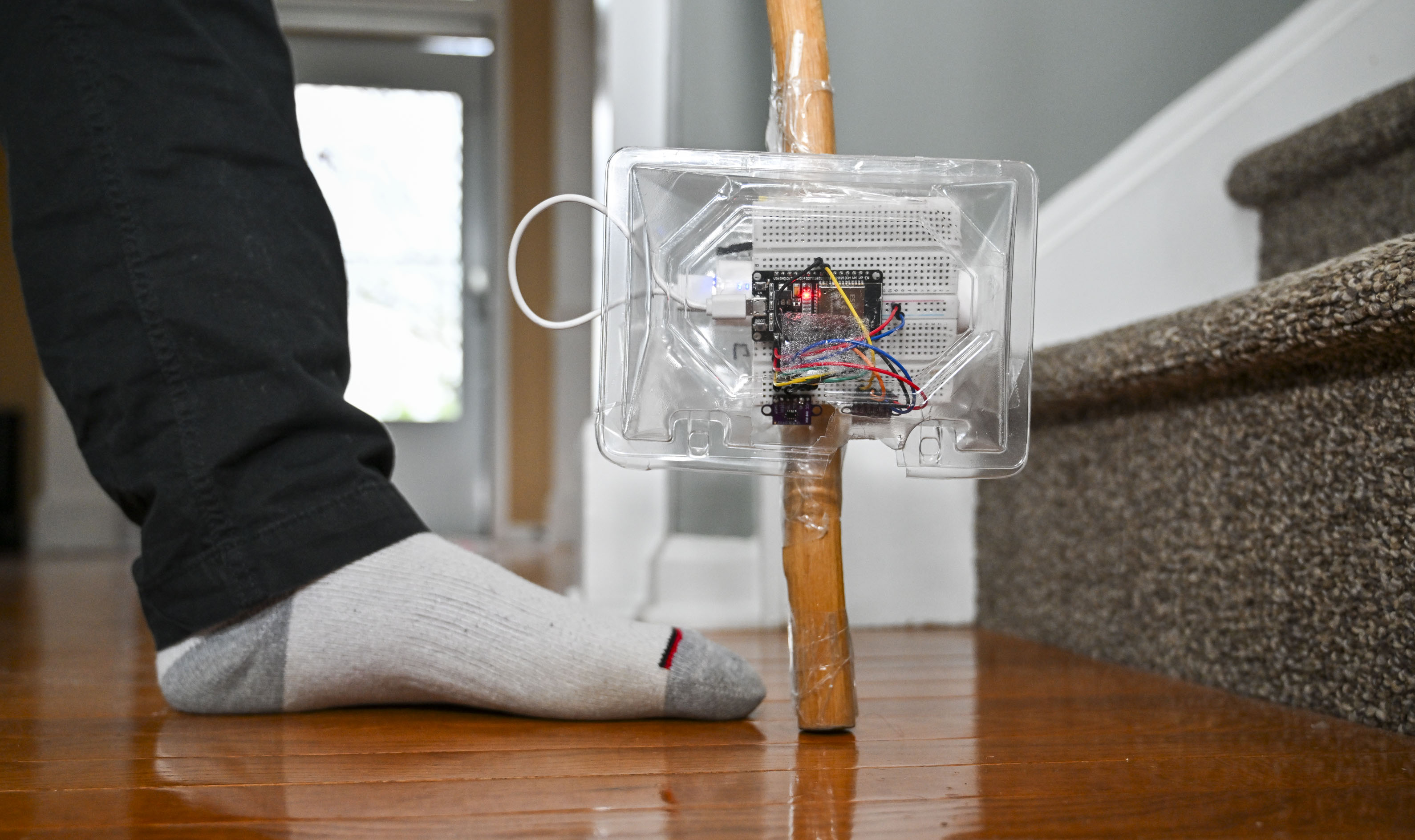 Devansh Garg, a Parkland High School freshman, demonstrates the SafeStep...