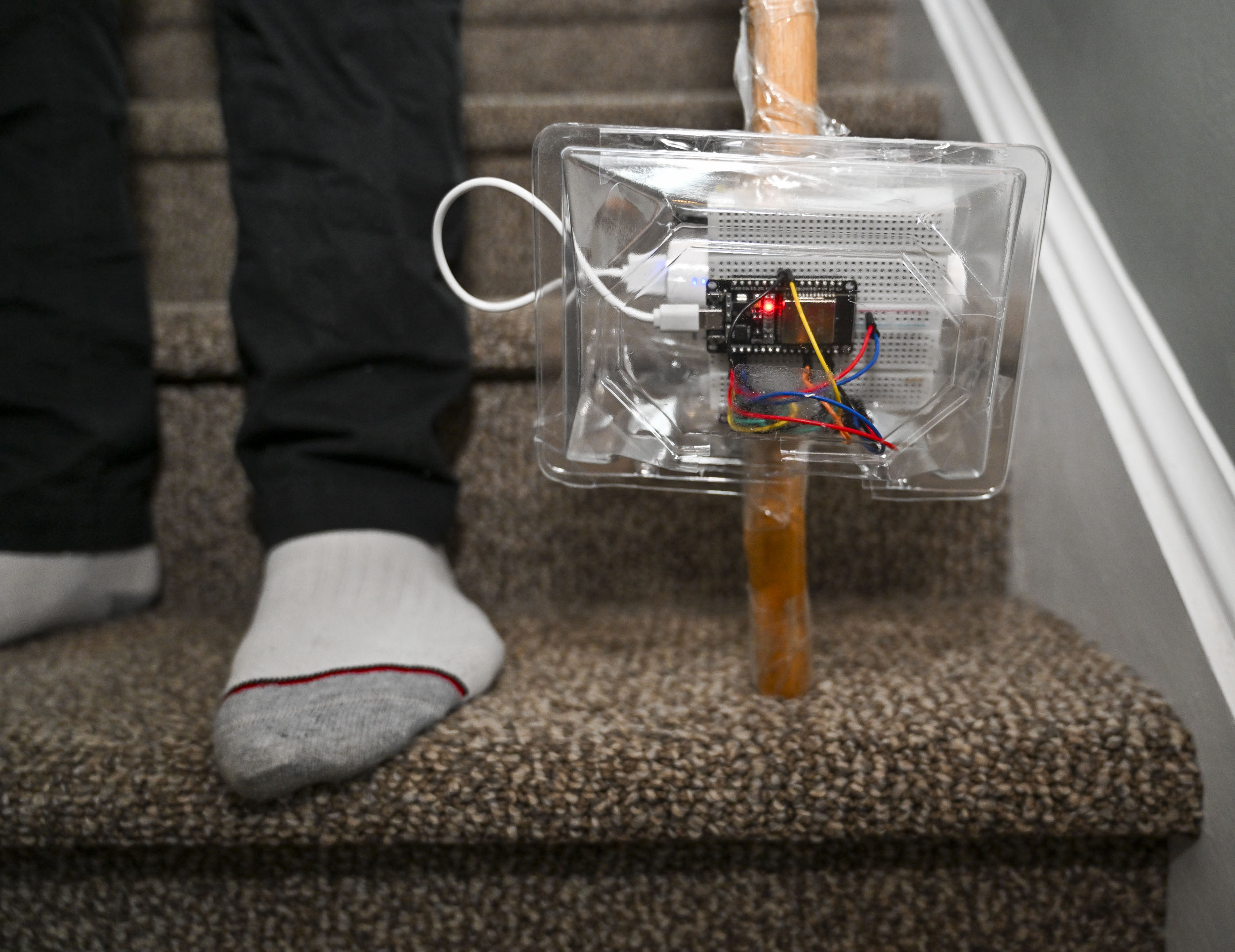 Devansh Garg, a Parkland High School freshman, demonstrates the SafeStep...
