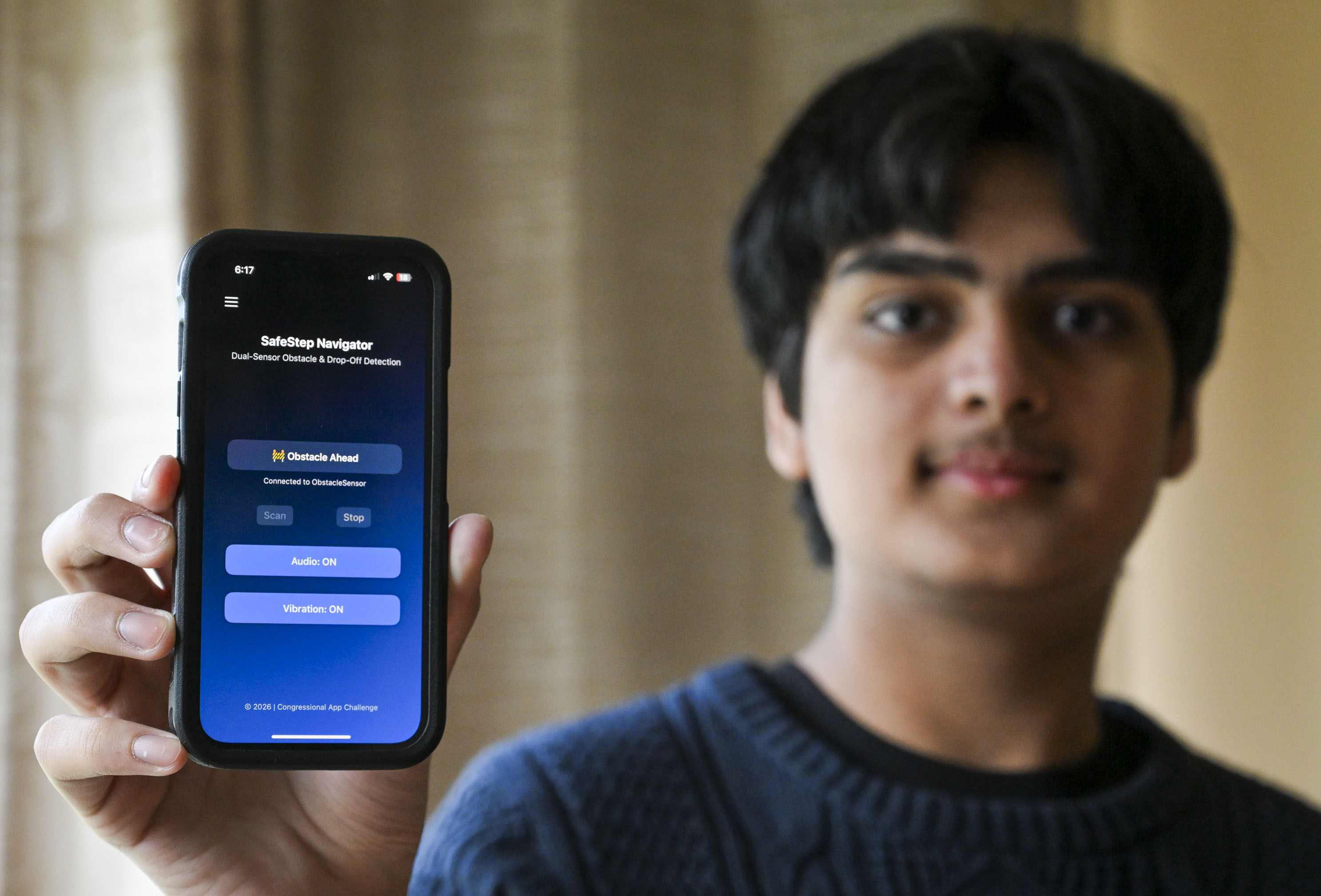 Devansh Garg, a Parkland High School freshman, demonstrates the SafeStep...