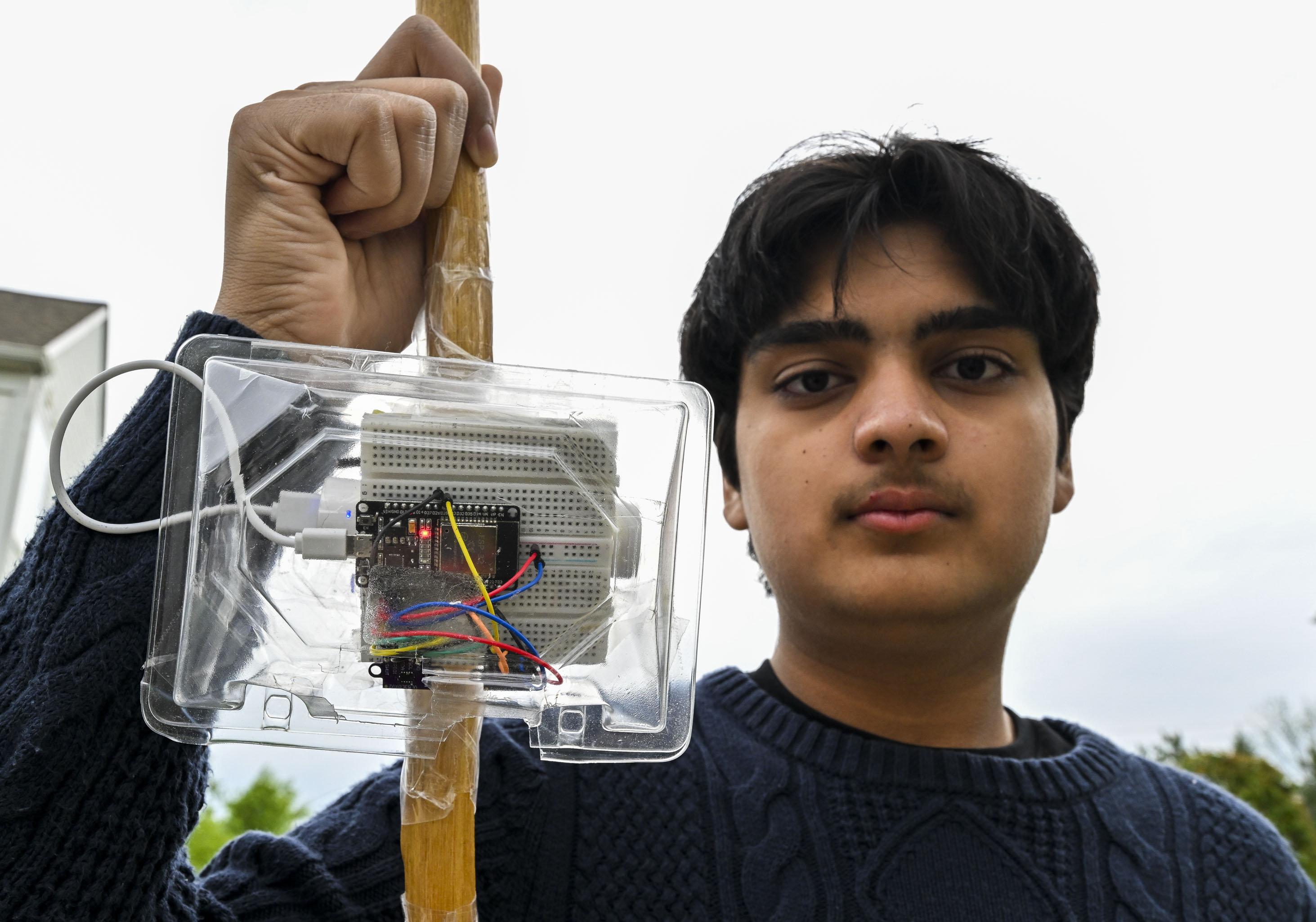 Devansh Garg, a Parkland High School freshman, demonstrates the SafeStep...