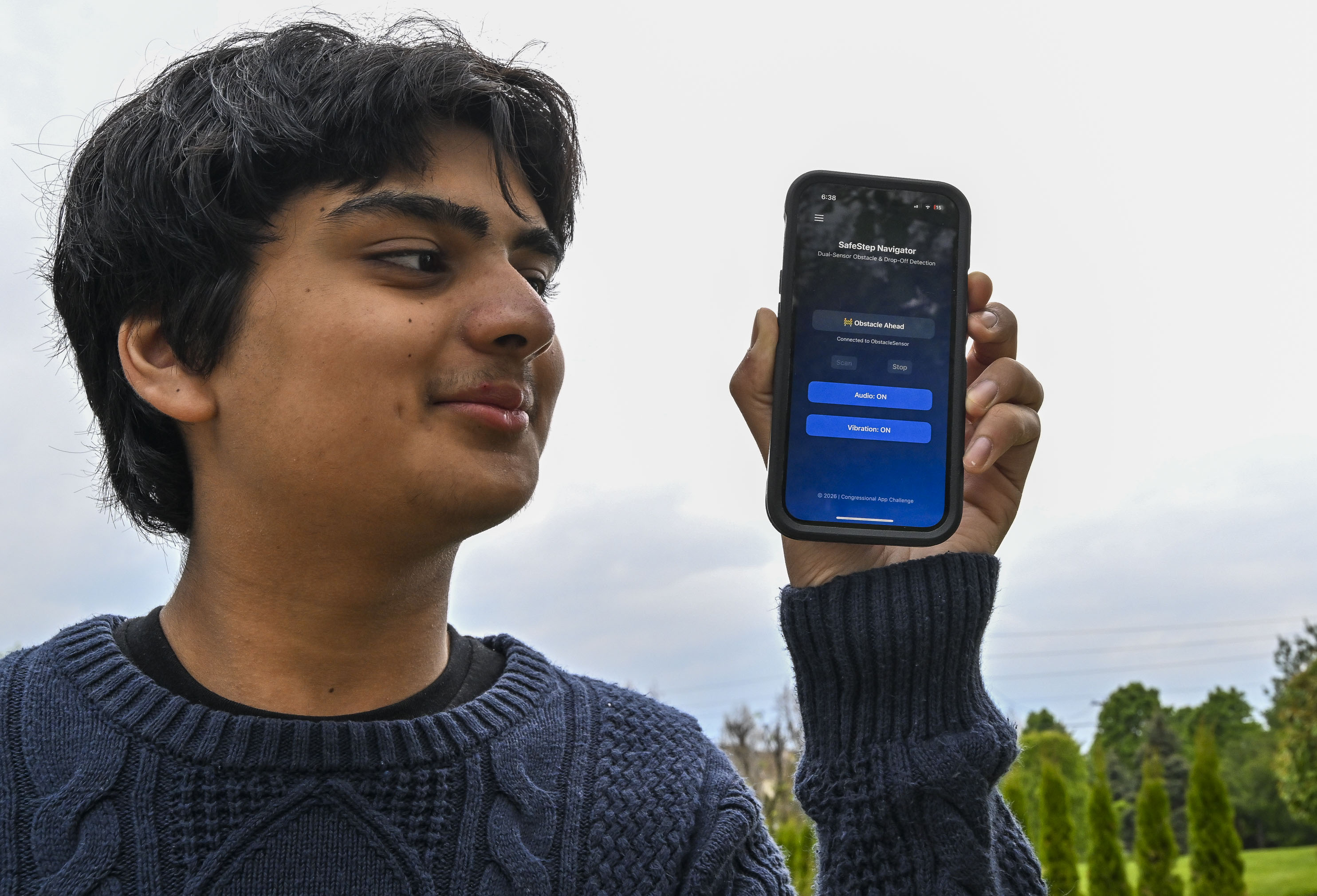 Devansh Garg, a Parkland High School freshman, demonstrates the SafeStep...