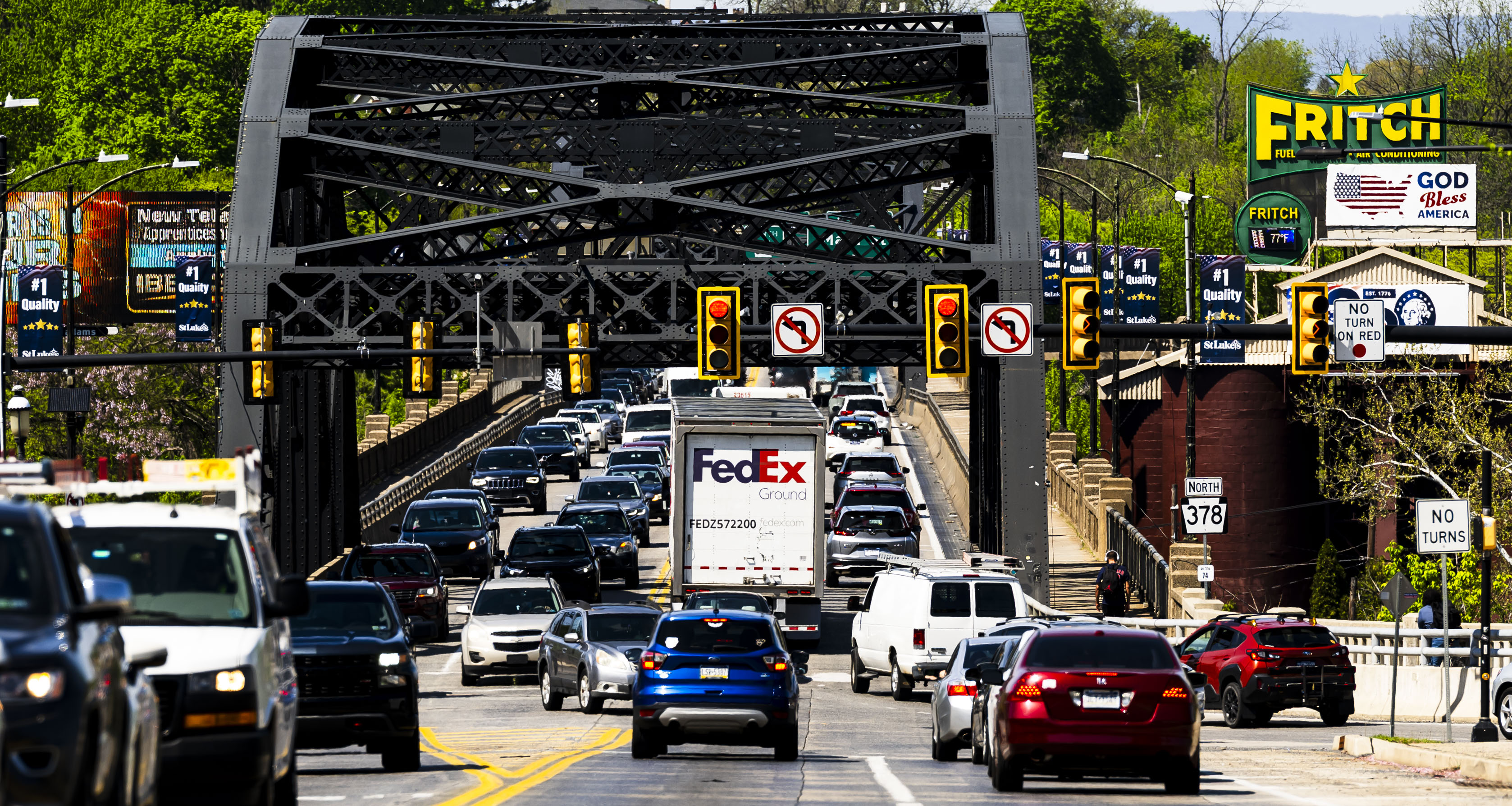 Traffic is backed up Thursday, April 23, 2026, at the...