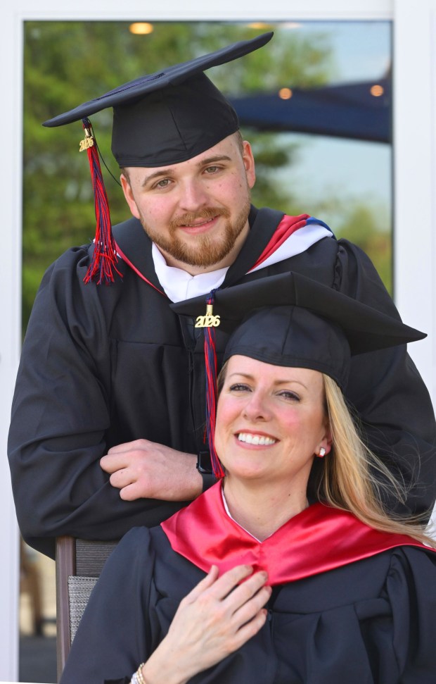 Amy Riley and her son Justin Riley. Amy Riley enrolled at DeSales University after earning her associate's degree and being a stay-at-home mother for 27 years. Justin Riley transferred via the Aviat Scholarship after working in campus public safety at Lehigh Carbon Community College. (Monica Cabrera/The Morning Call)