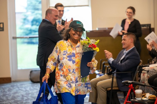 Minal Desai of Lower Macungie Township is honored during Lehigh County Aging & Adult Services' 26th annual Unsung Heroes tribute Wednesday, May 13, 2026, at Fellowship Community's Zentz Center in Whitehall Township. Desai volunteers with Meals on Wheels of the Greater Lehigh Valley. The annual tribute recognizes older adults who have enhanced their communities through active engagement, volunteerism and service to others. (Jonathan Broady/Special to The Morning Call)