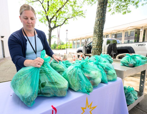 City of Bethlehem community health specialist Erin Postel organizes bags of picked this morning variety of fresh, locally grown fruits and vegetables CSA pick ups on Tuesday, May 26, 2026, at Bethlehem Health Bureau's Christmas City Farm Stand partnered with Bleiler's Produce Patch at Payrow Plaza in Bethlehem. The farm stand and weekly csa produce pickups continue till October. (April Gamiz/The Morning Call)