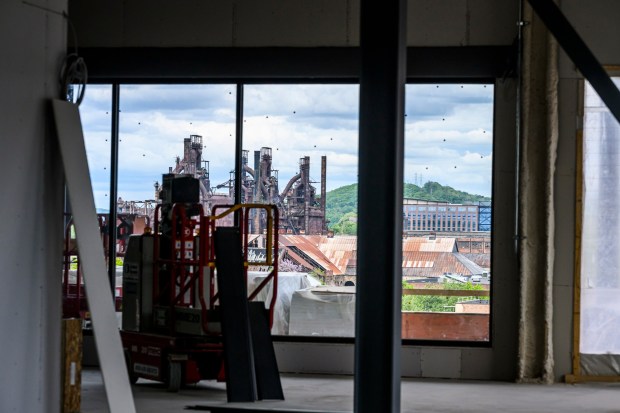 The fifth floor that will include hospitality and event areas is shown during a media tour of ArtsQuest's new Creative Factory on Thursday, May 14, 2026, in Bethlehem. The informal walking tour shows the latest construction progress ahead of the building's anticipated soft opening later this year and highlights key spaces throughout the facility, including hospitality and event areas, classrooms, artist studios, gallery spaces, glass studio with observation space, performing art theater and more. (April Gamiz/The Morning Call)