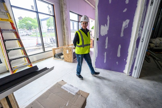 Kassie Hilgert, President and CEO, ArtsQuest on the media tour of its new Creative Factory on Thursday, May 14, 2026, in Bethlehem. The informal walking tour shows the latest construction progress ahead of the building's anticipated soft opening later this year and highlights key spaces throughout the facility, including hospitality and event areas, classrooms, artist studios, gallery spaces, glass studio with observation space, performing art theater and more. (April Gamiz/The Morning Call)