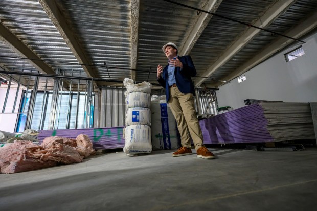 Patrick Brogan, Chief Programming Officer, ArtsQuest speaks in the Joe and Corey Bergstein Theater space during a media tour of ArtsQuest's new Creative Factory on Thursday, May 14, 2026, in Bethlehem. The informal walking tour shows the latest construction progress ahead of the building's anticipated soft opening later this year and highlights key spaces throughout the facility, including hospitality and event areas, classrooms, artist studios, gallery spaces, glass studio with observation space, performing art theater and more. (April Gamiz/The Morning Call)