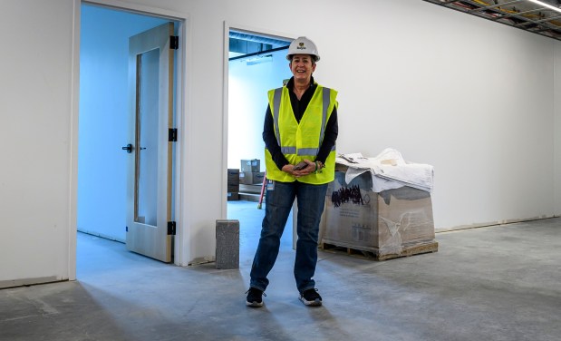 Kassie Hilgert, President and CEO, ArtsQuest speaks on the media tour of its new Creative Factory on Thursday, May 14, 2026, in Bethlehem. The informal walking tour shows the latest construction progress ahead of the building's anticipated soft opening later this year and highlights key spaces throughout the facility, including hospitality and event areas, classrooms, artist studios, gallery spaces, glass studio with observation space, performing art theater and more. (April Gamiz/The Morning Call)