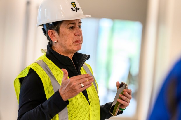 Kassie Hilgert, President and CEO, ArtsQuest speaks on the media tour of its new Creative Factory on Thursday, May 14, 2026, in Bethlehem. The informal walking tour shows the latest construction progress ahead of the building's anticipated soft opening later this year and highlights key spaces throughout the facility, including hospitality and event areas, classrooms, artist studios, gallery spaces, glass studio with observation space, performing art theater and more. (April Gamiz/The Morning Call)