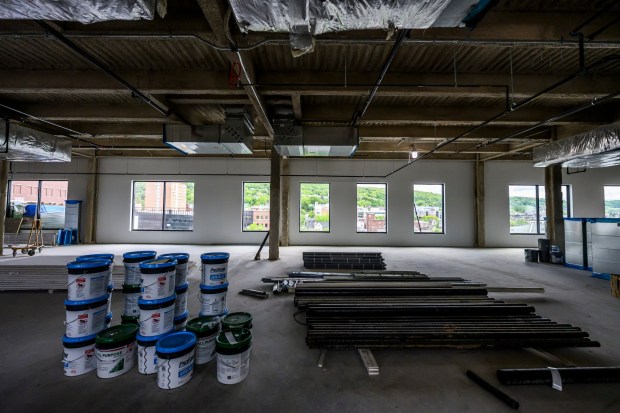 The fifth floor that will include hospitality and event areas is shown during a media tour of ArtsQuest's new Creative Factory on Thursday, May 14, 2026, in Bethlehem. The informal walking tour shows the latest construction progress ahead of the building's anticipated soft opening later this year and highlights key spaces throughout the facility, including hospitality and event areas, classrooms, artist studios, gallery spaces, glass studio with observation space, performing art theater and more. (April Gamiz/The Morning Call)