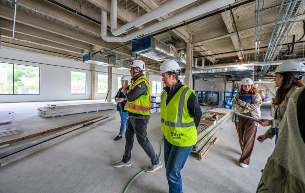 Kassie Hilgert, President and CEO, ArtsQuest on the media tour of its new Creative Factory on Thursday, May 14, 2026, in Bethlehem. The informal walking tour shows the latest construction progress ahead of the building's anticipated soft opening later this year and highlights key spaces throughout the facility, including hospitality and event areas, classrooms, artist studios, gallery spaces, glass studio with observation space, performing art theater and more. (April Gamiz/The Morning Call)