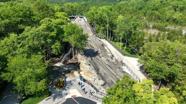 The 30-foot-wide and 396-foot-long glacial grooves on Kelleys Island can be examined from all sides thanks to a boardwalk around them. Formed when glaciers retreated in the ice age, they illustrate the power of the past. (Courtesy of Shores & Islands Ohio)