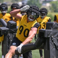 Jul 27, 2024; Latrobe, PA, USA; Pittsburgh Steelers linebacker T.J. Watt (90) participates in drills during training camp at Saint Vincent College.