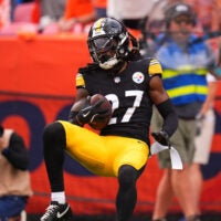 Sep 15, 2024; Denver, Colorado, USA; Pittsburgh Steelers cornerback Cory Trice Jr. (27) intercepts the ball in the fourth quarter against the Denver Broncos at Empower Field at Mile High.