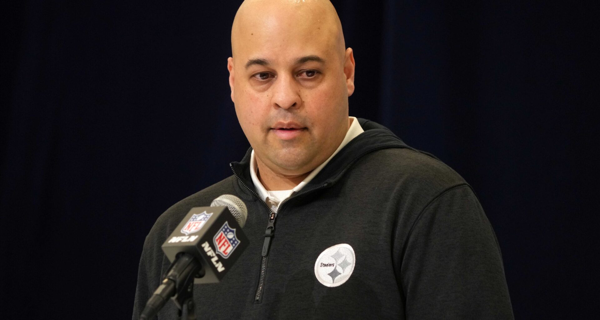 Feb 25, 2025; Indianapolis, IN, USA; Pittsburgh Steelers general manager Omar Khan speaks during the NFL Scouting Combine at the Indiana Convention Center.