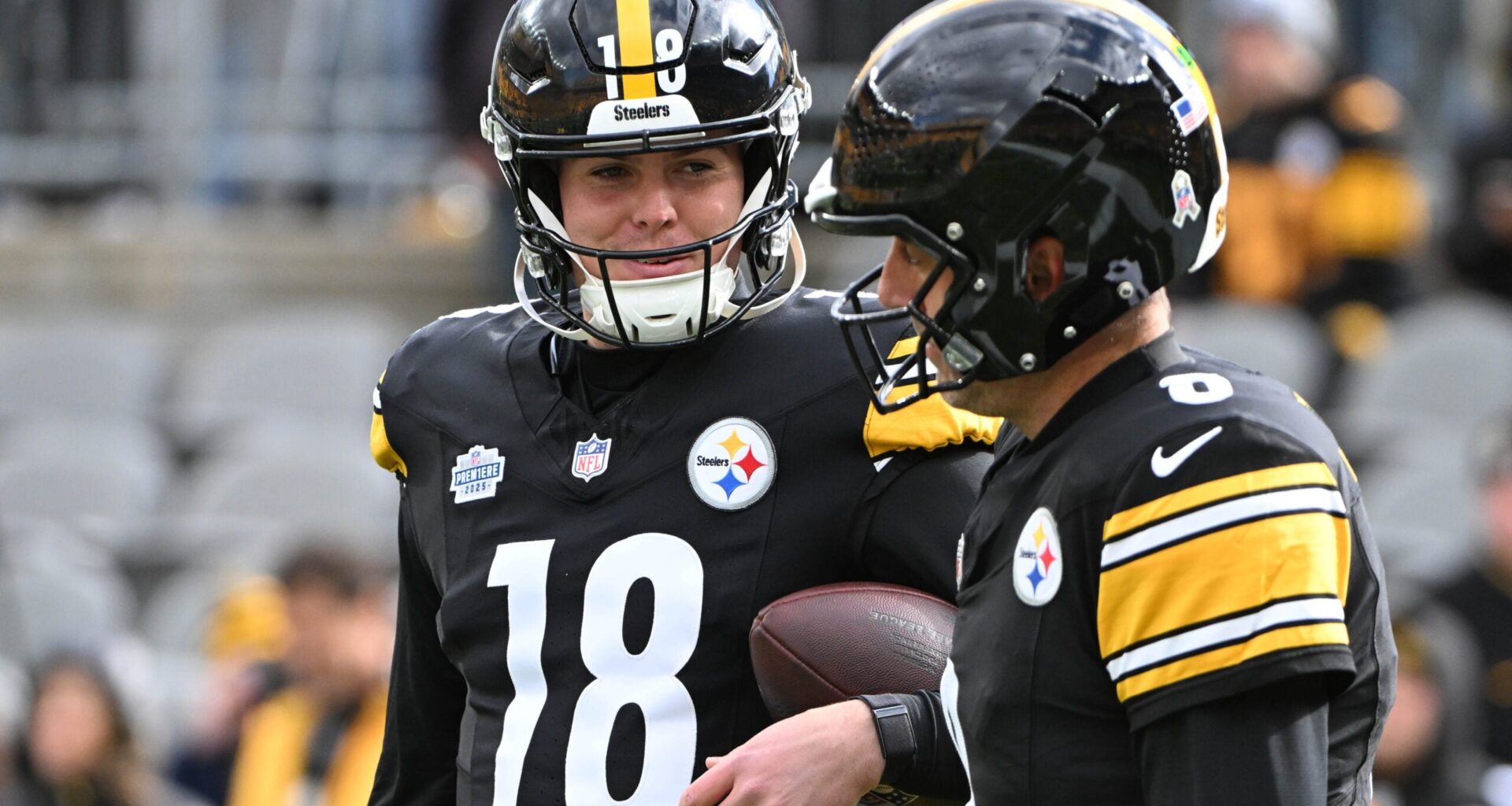 Nov 16, 2025; Pittsburgh, Pennsylvania, USA; Pittsburgh Steelers quarterback Will Howard (18) talks with quarterback Aaron Rodgers (8) before the game against the Cincinnati Bengals at Acrisure Stadium.