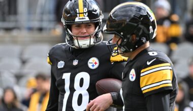 Nov 16, 2025; Pittsburgh, Pennsylvania, USA; Pittsburgh Steelers quarterback Will Howard (18) talks with quarterback Aaron Rodgers (8) before the game against the Cincinnati Bengals at Acrisure Stadium.