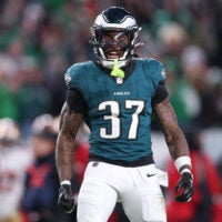 Jan 11, 2026; Philadelphia, PA, USA; Philadelphia Eagles running back Tank Bigsby (37) celebrates first down against the San Francisco 49ers during the second quarter in an NFC Wild Card Round game at Lincoln Financial Field.