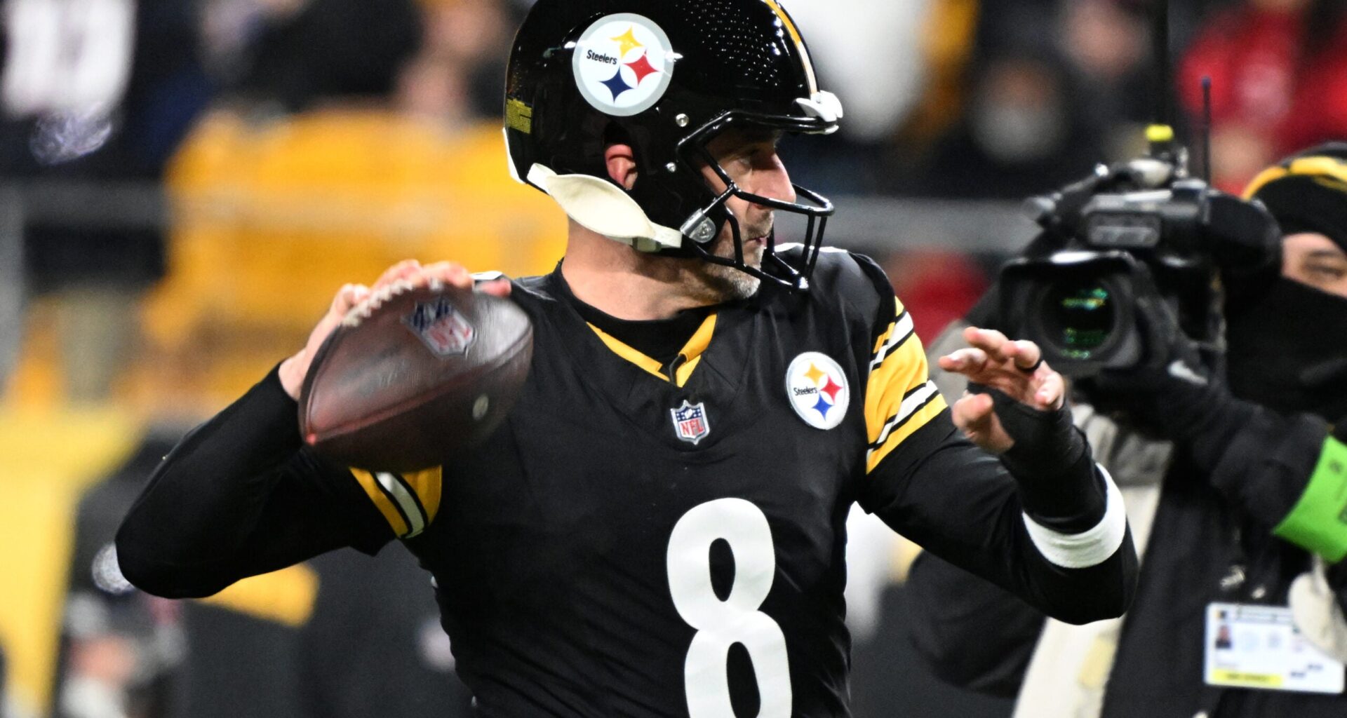 Jan 12, 2026; Pittsburgh, PA, USA; Pittsburgh Steelers quarterback Aaron Rodgers (8) warms up before an AFC Wild Card Round game against the Houston Texans at Acrisure Stadium.