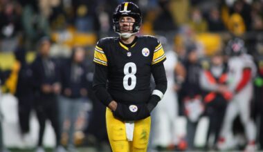 Pittsburgh Steelers quarterback Aaron Rodgers (8) looks on after being sacked during the first half of the NFL Wild Card game against the Houston Texans at Acrisure Stadium in Pittsburgh, PA on January 12, 2026.