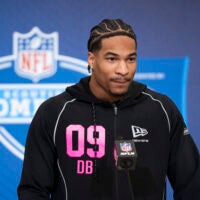 Feb 26, 2026; Indianapolis, IN, USA; Georgia defensive back Daylen Everette (DB09) speaks to members of the media during the NFL Combine at the Indiana Convention Center.