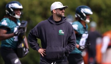 May 1, 2026; Philadelphia, PA, USA; Philadelphia Eagles head coach Nick Sirianni looks on during rookie minicamp at NovaCare Complex.