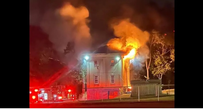 Smoke can be seen billowing from the Fire Chiefâs Memorial...