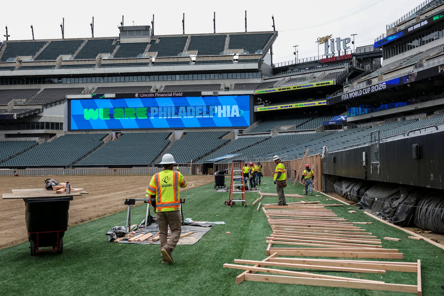 Workers prepared the field at Lincoln Financial Field, one of the stadiums hosting the 2026 FIFA World Cup at Lincoln Financial Field in Philadelphia, on April 28.
