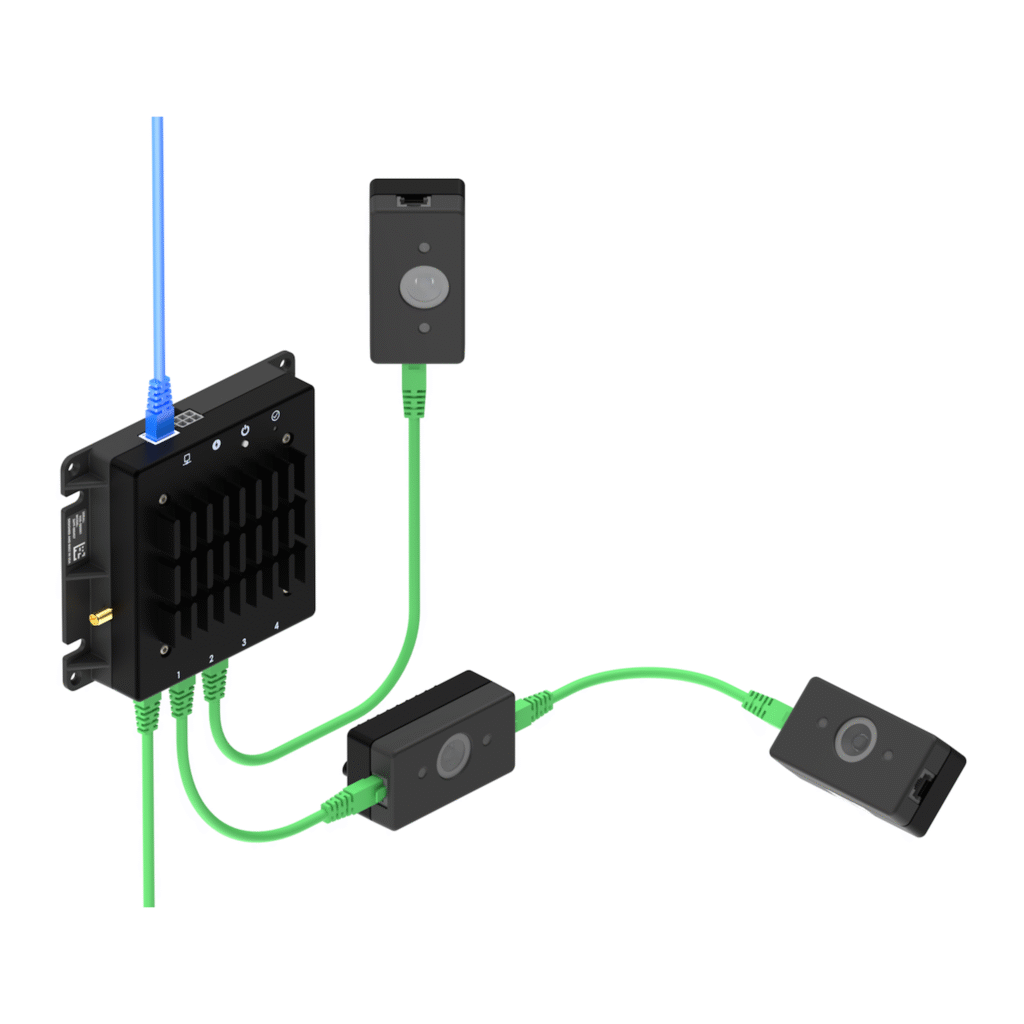 Electronic device hub with three connected black sensors via green cables and one blue cable, all mounted on a white background.