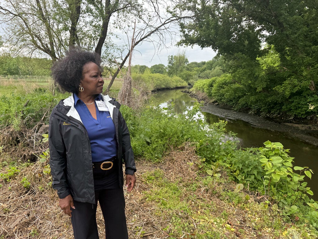 Eastwick resident Brenda Whitfield stands on low-lying marshland