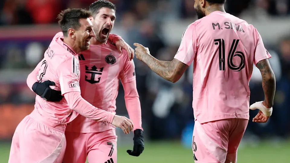 <a class="link " href="https://sports.yahoo.com/soccer/players/415357/" data-i13n="sec:content-canvas;subsec:anchor_text;elm:context_link" data-ylk="slk:Rodrigo De Paul;sec:content-canvas;subsec:anchor_text;elm:context_link;itc:0" data-yga="{"yLinkElement":"context_link","yModuleName":"content-canvas","yLinkText":"Rodrigo De Paul","ySubModuleName":"anchor_text","yHasCommerce":false}">Rodrigo De Paul</a> celebrates with teammate Lionel Messi after scoring the team's first goal during the MLS match between <a class="link " href="https://sports.yahoo.com/soccer/teams/salt-lake/" data-i13n="sec:content-canvas;subsec:anchor_text;elm:context_link" data-ylk="slk:Real Salt Lake;sec:content-canvas;subsec:anchor_text;elm:context_link;itc:0" data-yga="{"yLinkElement":"context_link","yModuleName":"content-canvas","yLinkText":"Real Salt Lake","ySubModuleName":"anchor_text","yHasCommerce":false}">Real Salt Lake</a> and Inter Miami CF.Photo by Chris Gardner&sol;Getty Images