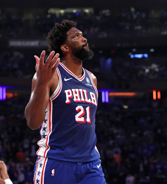 Philadelphia 76ers center Joel Embiid reacts while on the court in the first quarter of Game 1. Charles Wenzelberg / New York Post