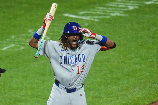 Chicago Cubs' Kevin Alcántara (13) reacts to striking out against Pittsburgh Pirates pitcher Dennis Santana during the ninth inning of a baseball game in Pittsburgh, Tuesday, May 26, 2026. (AP Photo/Gene J. Puskar)